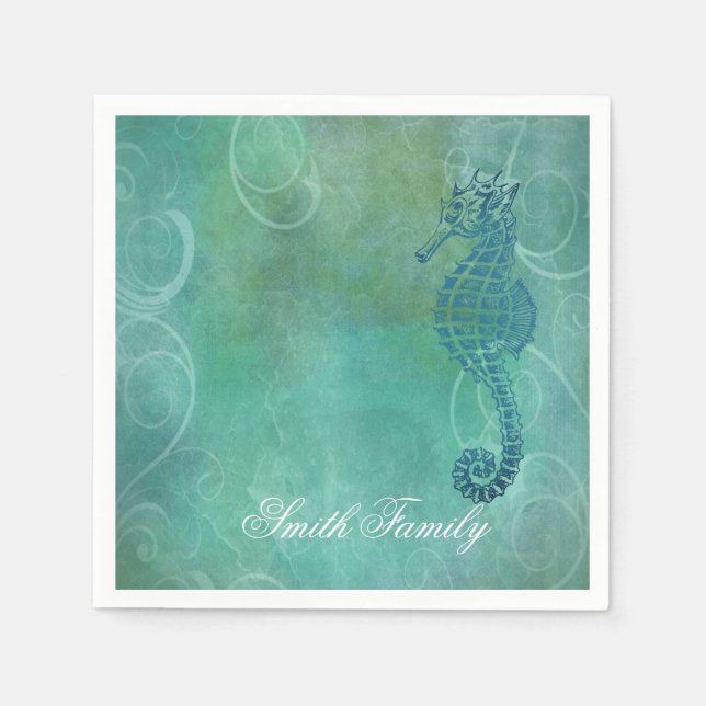 Blue Waters, Seahorse and Flourish Napkins (Front)