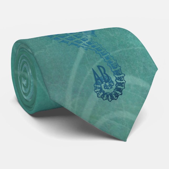 Blue Waters, Seahorse and Flourish Neck Tie (Rolled)
