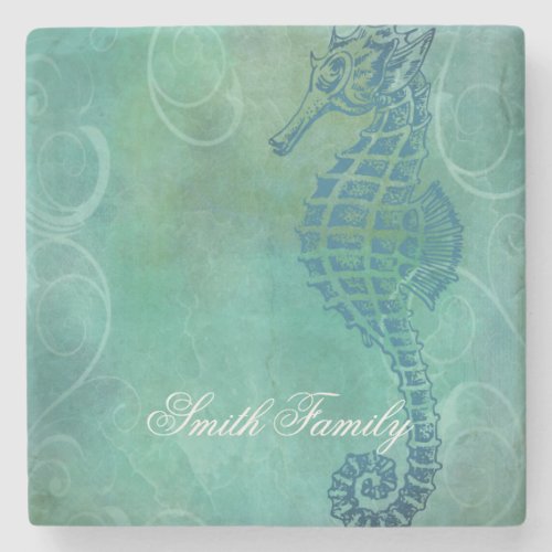 Blue Waters Seahorse and Flourish Stone Coaster