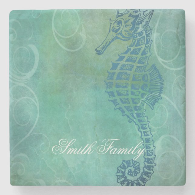 Blue Waters, Seahorse and Flourish Stone Coaster (Front)