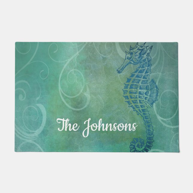 Blue Waters, Seahorse & Flourish Doormat (Front)