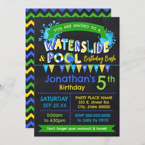 Blue Waterslide  Pool Birthday Children Party Invitation