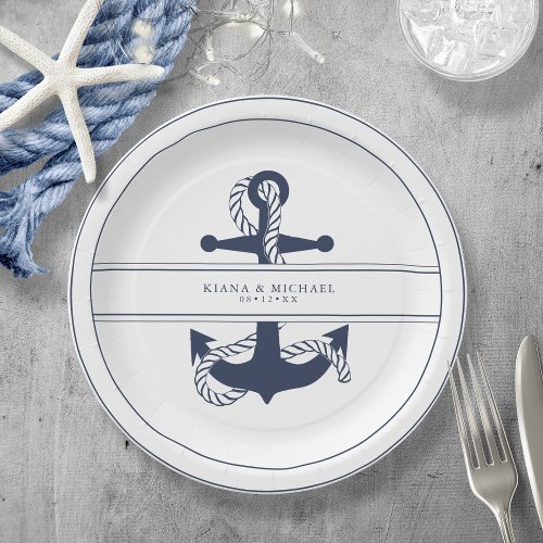 Blue Wave Anchor Wedding NavyWht ID836 Paper Plates