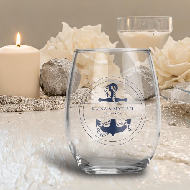 Blue Wave Anchor Wedding V2 Navy ID836 Stemless Wine Glass (Creator Uploaded)