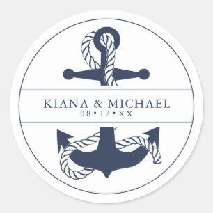 Blue Wave Anchor Wedding V2 Navy/Wht ID836 Classic Round Sticker