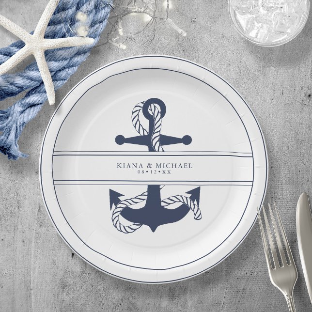 Blue Wave Anchor Wedding V2 Navy/Wht ID836 Paper Plates (Creator Uploaded)