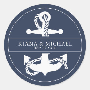 Blue Wave Anchor Wedding V2 Wht/Navy ID836 Classic Round Sticker