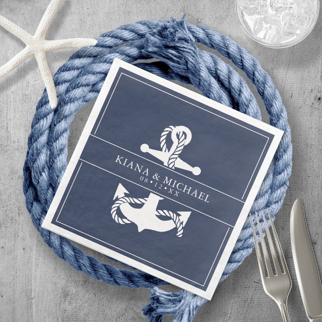 Blue Wave Anchor Wedding V2 Wht/Navy ID836 Paper Dinner Napkins (Creator Uploaded)