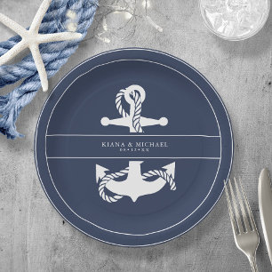 Blue Wave Anchor Wedding V2 Wht/Navy ID836 Paper Plates