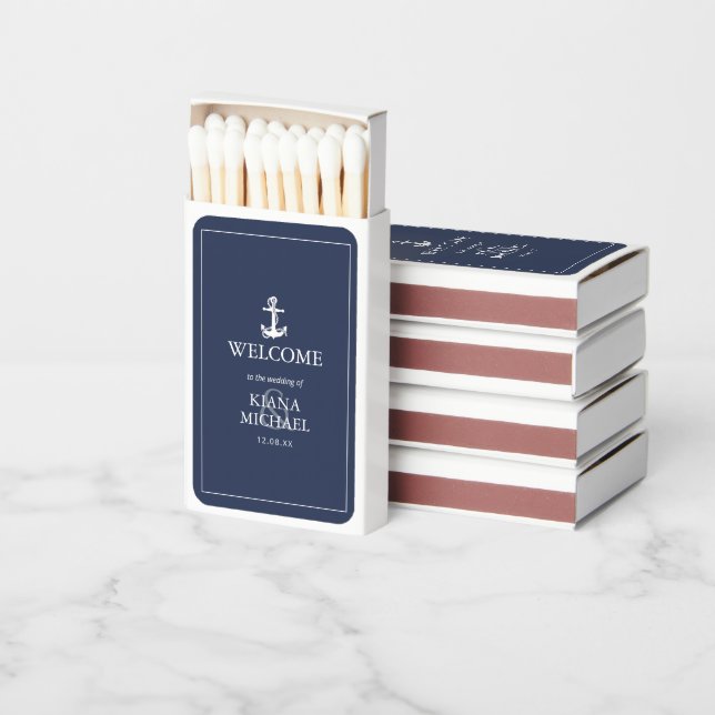 Blue Wave Anchor Wedding Welcome ID836 Matchboxes (Stacked)