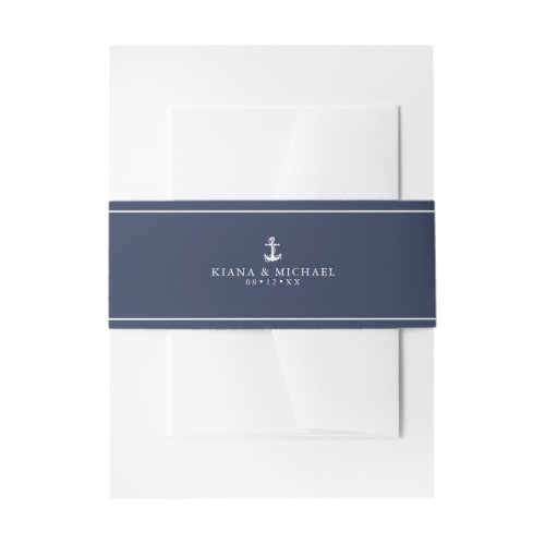 Blue Wave Anchor Wedding WhtNavy ID836 Invitation Belly Band