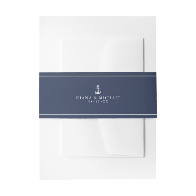 Blue Wave Anchor Wedding Wht/Navy ID836 Invitation Belly Band (Front Example)