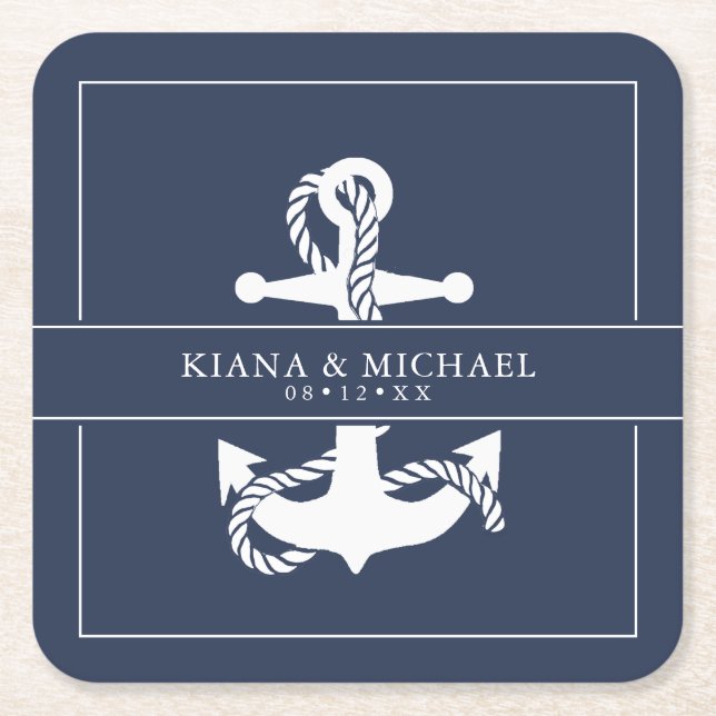 Blue Wave Anchor Wedding Wht/Navy ID836 Square Paper Coaster (Front)