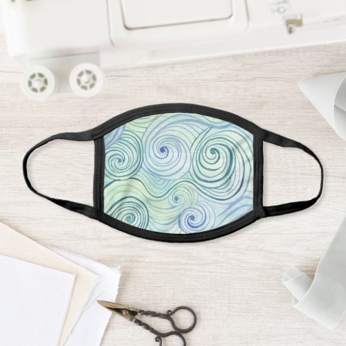 Blue Wave Beach Watercolor Pattern on Rustic Wood Face Mask