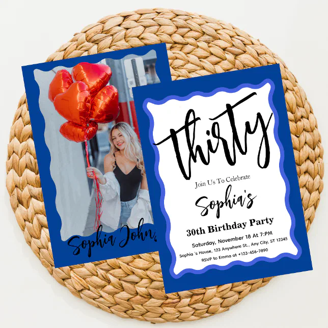 Blue Wave Curve Modern Script 30th Birthday Party Invitation | Zazzle