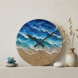 Blue Wave Resin Look Beach Sand Ocean coastal Round Clock