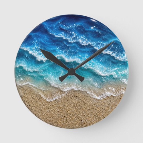 Blue Wave Resin Look Beach Sand Ocean coastal Round Clock