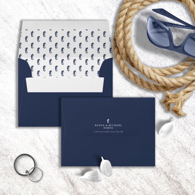 Blue Wave Seahorse Pattern Wedding ID836 Envelope (Interior/Back In Situ)