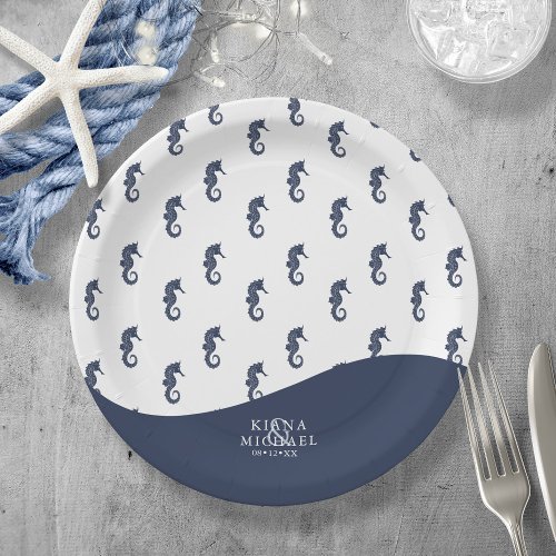 Blue Wave Seahorse Pattern Wedding V1 ID836 Paper Plates