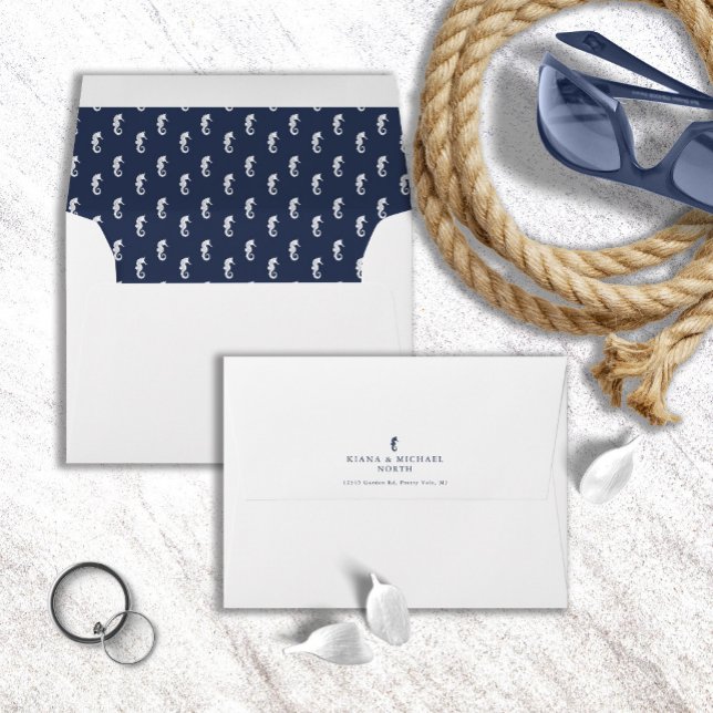 Blue Wave Seahorse Pattern Wedding Wht/Navy ID836 Envelope (Interior/Back In Situ)
