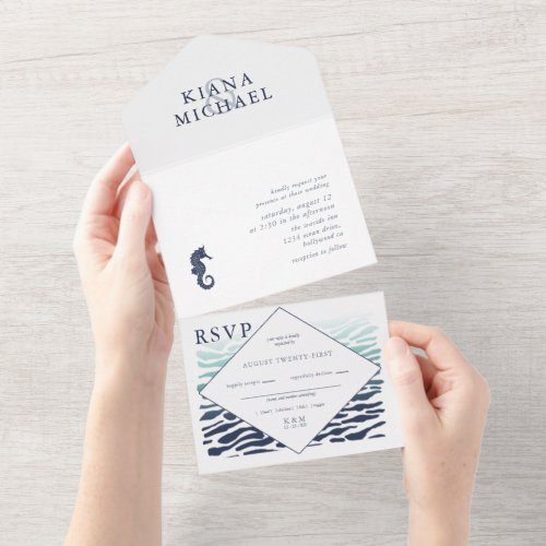 Blue Wave Seahorse Wedding ID836 All In One Invitation