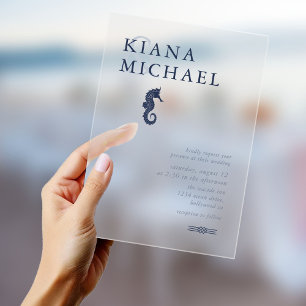 Blue Wave Seahorse Wedding Navy ID836 Acrylic Invitations
