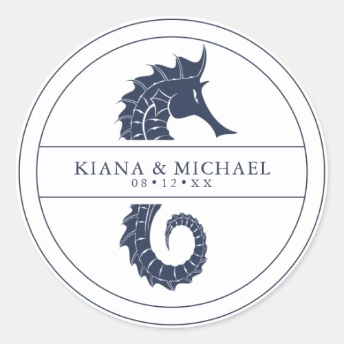 Blue Wave Seahorse Wedding NavyWht ID836 Classic Round Sticker