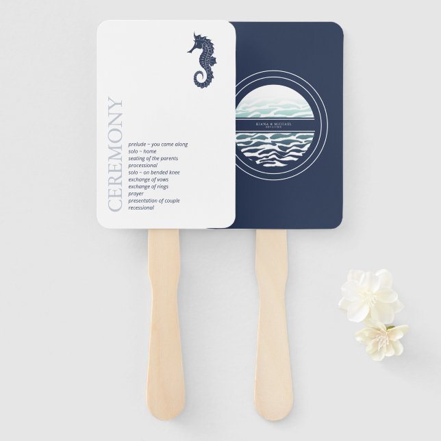 Blue Wave Seahorse Wedding V2 ID836 Hand Fan (Front and Back)
