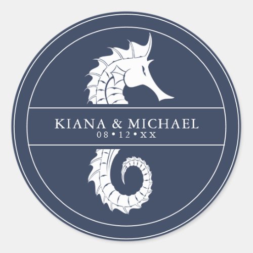 Blue Wave Seahorse Wedding WhtNavy ID836 Classic Round Sticker