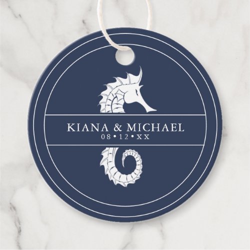 Blue Wave Seahorse Wedding WhtNavy ID836 Favor Tags