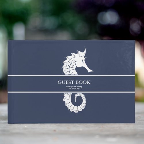 Blue Wave Seahorse Wedding WhtNavy ID836 Guest Book