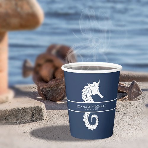 Blue Wave Seahorse Wedding WhtNavy ID836 Paper Cups