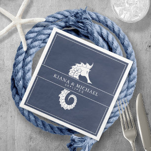 Blue Wave Seahorse Wedding Wht/Navy ID836 Paper Dinner Napkins
