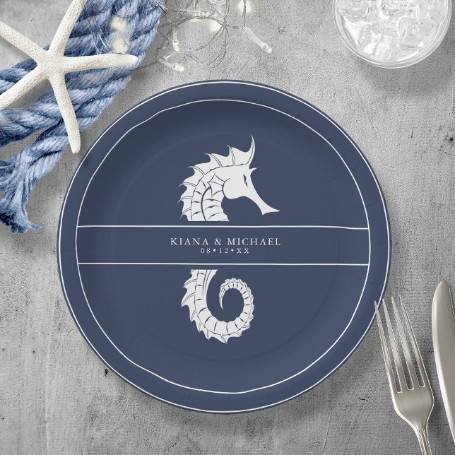 Blue Wave Seahorse Wedding Wht/Navy ID836 Paper Plates (Creator Uploaded)