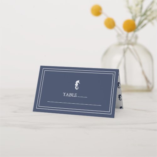 Blue Wave Seahorse Wedding WhtNavy ID836 Place Card