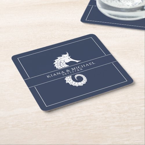 Blue Wave Seahorse Wedding WhtNavy ID836 Square Paper Coaster