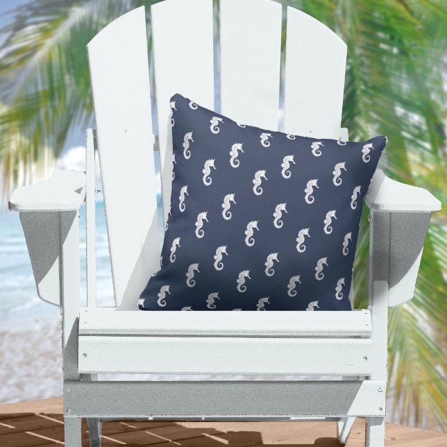 Blue Wave Seahorse Wht/Navy ID836  Throw Pillow (Creator Uploaded)