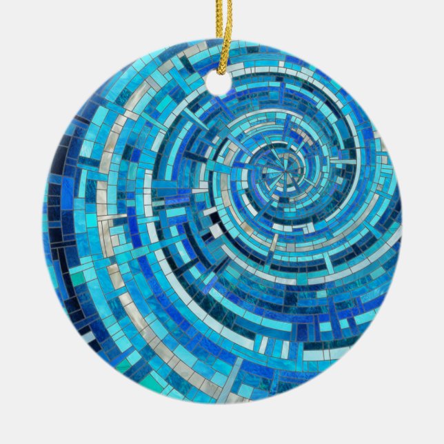 Blue Wave Spiral Mosaic  Ceramic Ornament (Front)