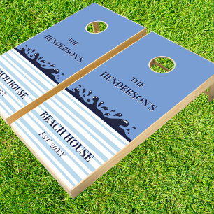 Blue Wave Stripes Family Beach House Cornhole Set