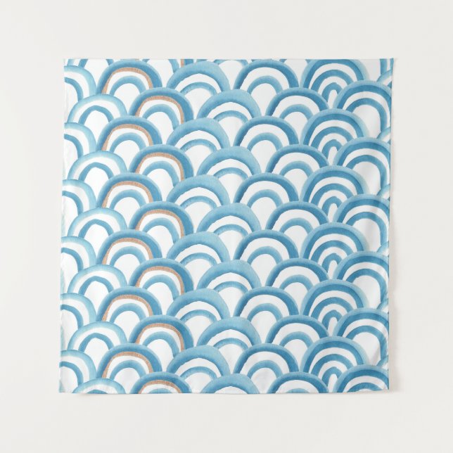 Blue wave watercolor, seamless painting. tapestry (Front)