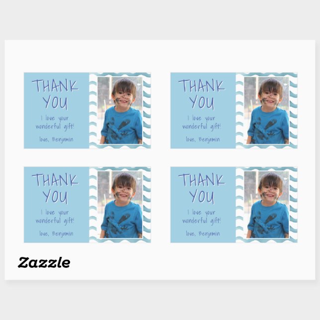 Blue Waves Birthday Thank you Kids Photo Rectangular Sticker (Sheet)