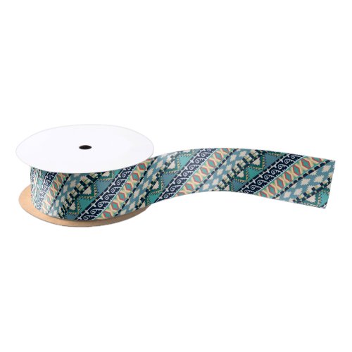 Blue Waves Boho Earth Tones Tribal Pattern Satin Ribbon