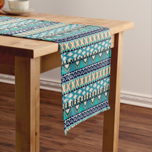 Blue Waves Boho Earth Tones Tribal Pattern Short Table Runner