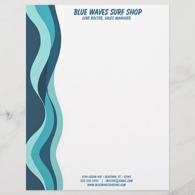 Blue Waves Border Surf Ocean Water Spa Letterhead (Front)