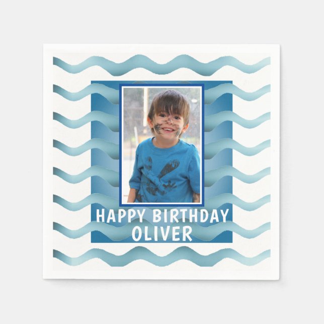 Blue Waves Boy Photo Birthday Party Napkins (Front)