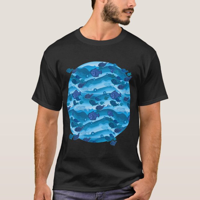 Blue Waves Fish Pattern T-Shirt (Front)