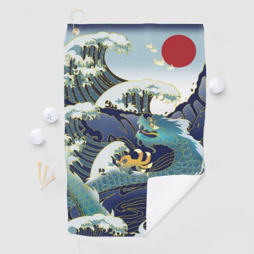 Blue Waves Green Dragon Red Sun Golf Towel