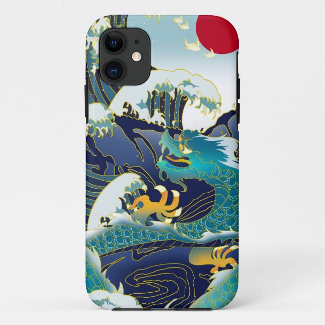 Blue Waves Green Dragon Red Sun Skateboard Case-Mate iPhone Case (Back)