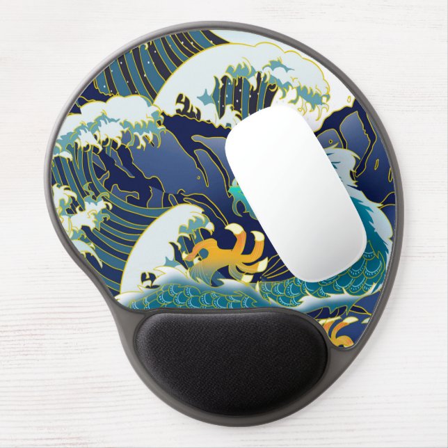 Blue Waves Green Dragon Red Sun Skateboard Gel Mouse Pad (Left Side)