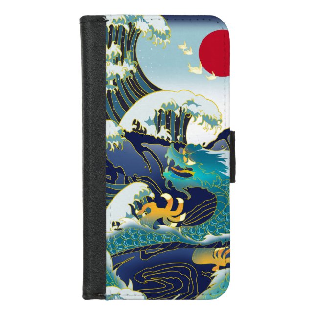 Blue Waves Green Dragon Red Sun Skateboard iPhone Wallet Case (Front)